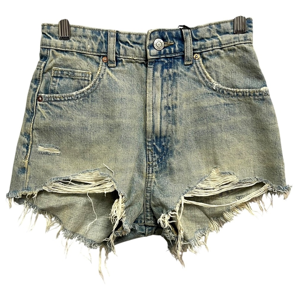 Zara Denim Shorts Womens 0 Blue High Rise Curved Distressed Frayed Cutoff Edgy